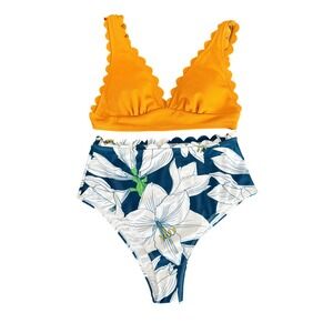Cupshe Womens XL Bikini‎ Set Mustard Scallop Top Blue Floral High Waist Bottoms